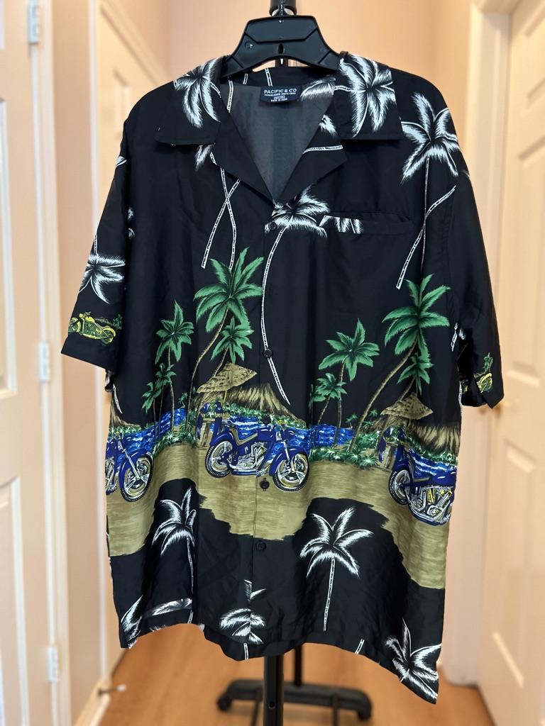 Pacific Legend Black Tropical Motorcycle Print Camp Shirt